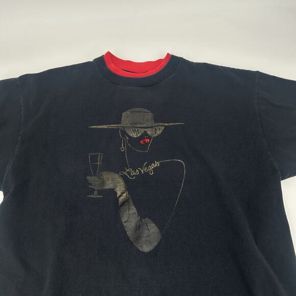 Vintage Las Vegas T-Shirt Sz XL Black Red Trim Single Stitch Paris Lady Made USA - Picture 2 of 14
